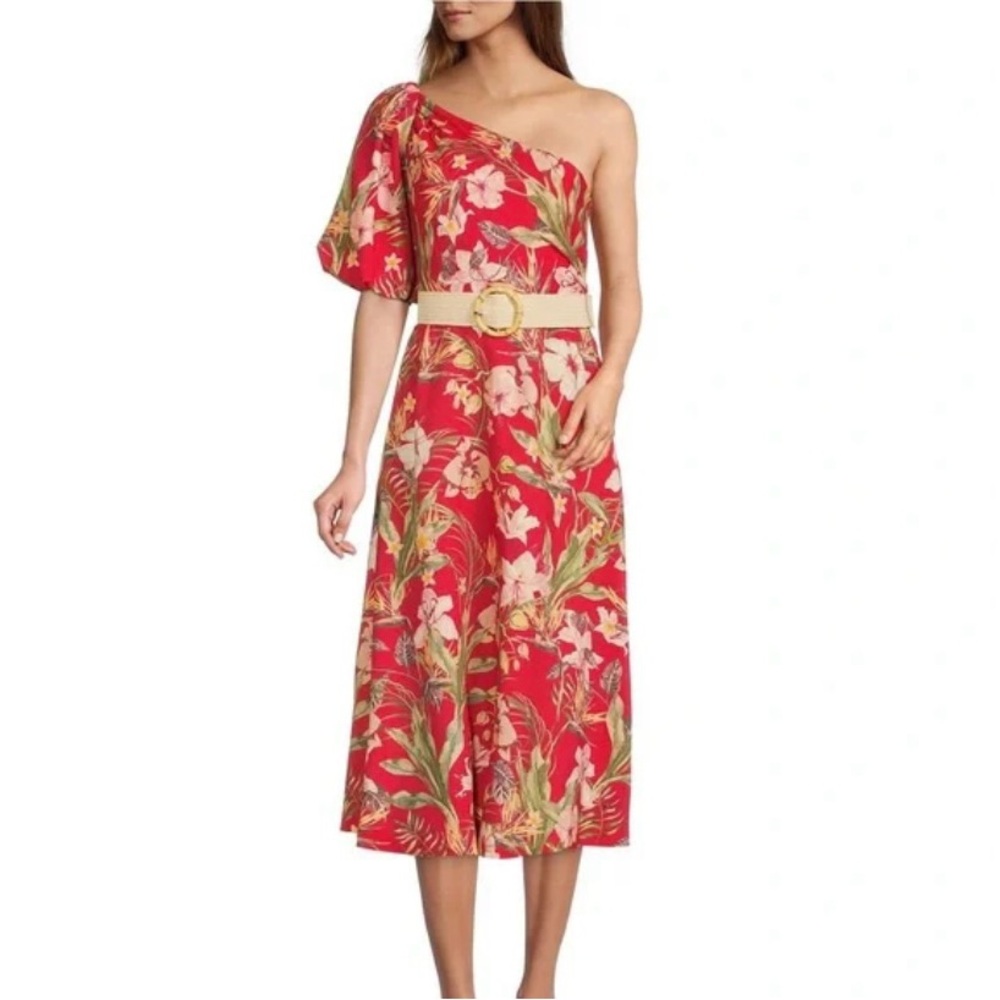 Antonio Melani Rae Linen One-Shoulder Puff Sleeve Floral Midi Dress - Sz 14 EUC